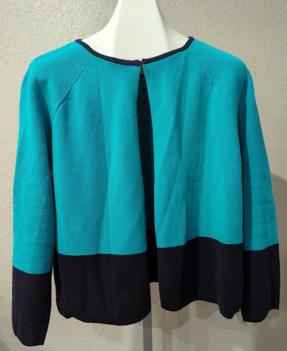 Liz Claiborne Sweater Cardigan Teal & Navy Color Block Open Front XLT XL Tall